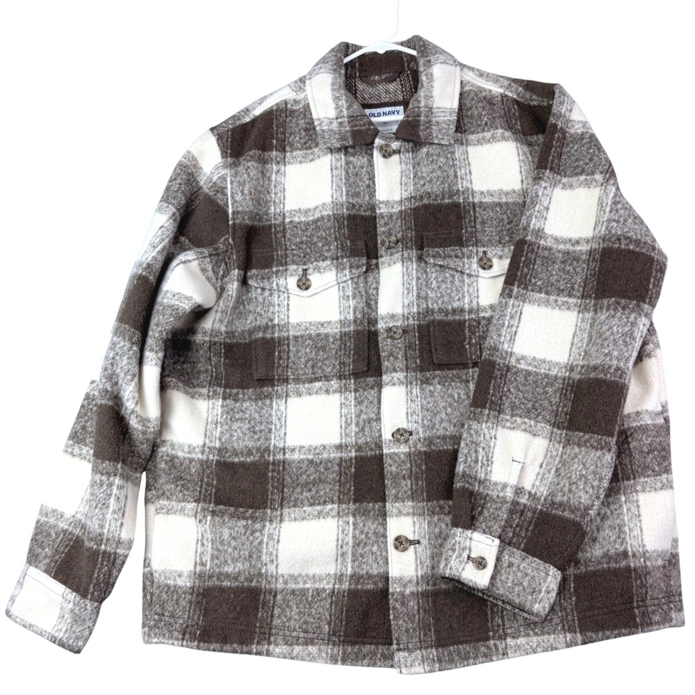 Old Navy XL Brown Plaid Fleece Shirt Jacket Shacket Heavyweight Workwear Cabin
